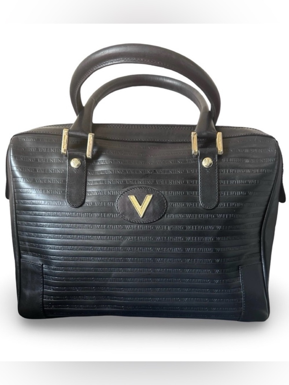 Mario Valentino black leather satchel Boston bag Embossed